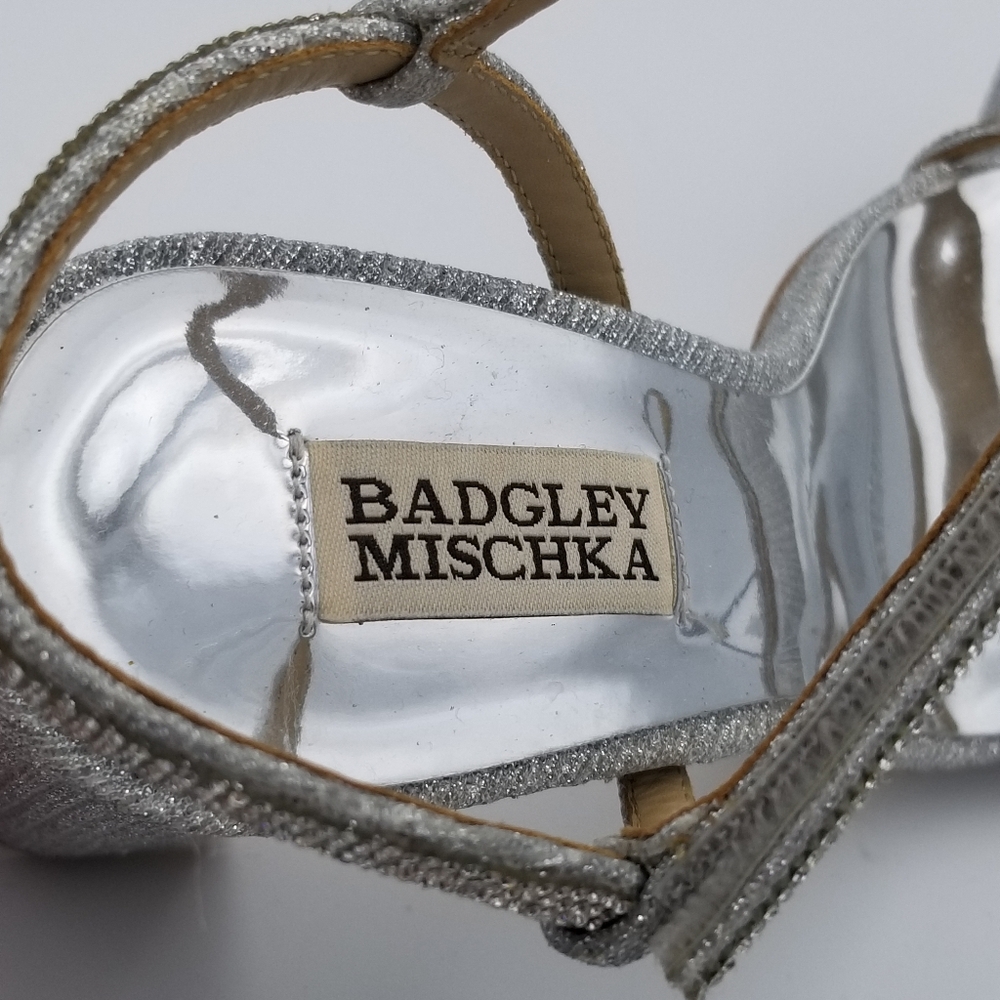 Badgley Mischka Firey Bejeweled Block Heel Sandals, Silver Glitter, Women's Sz 8 - Picture 5 of 16